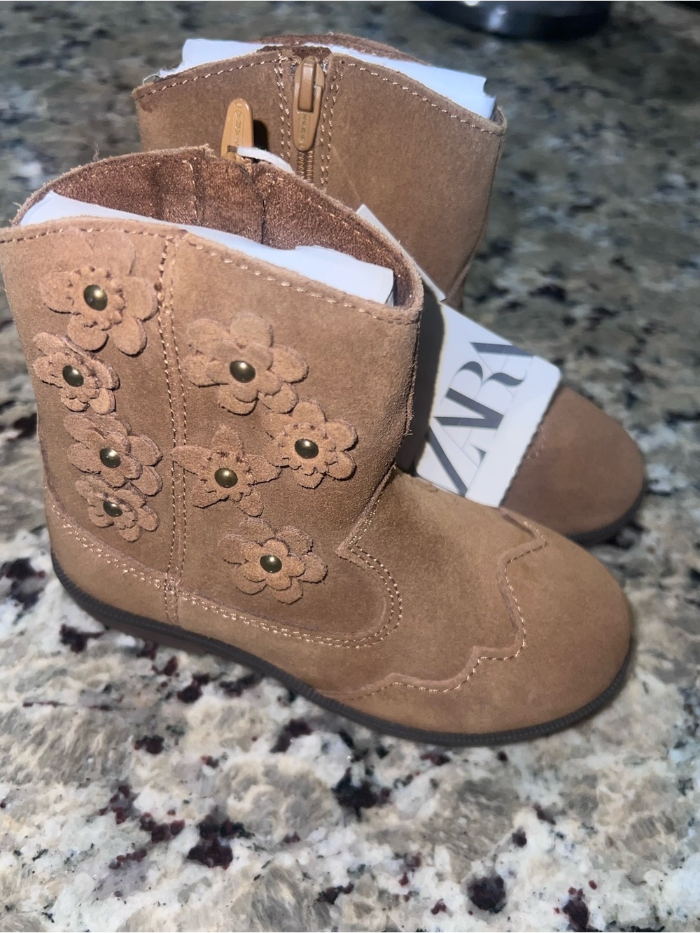 Zara Kids Tan Suede Flower-Accent Boots